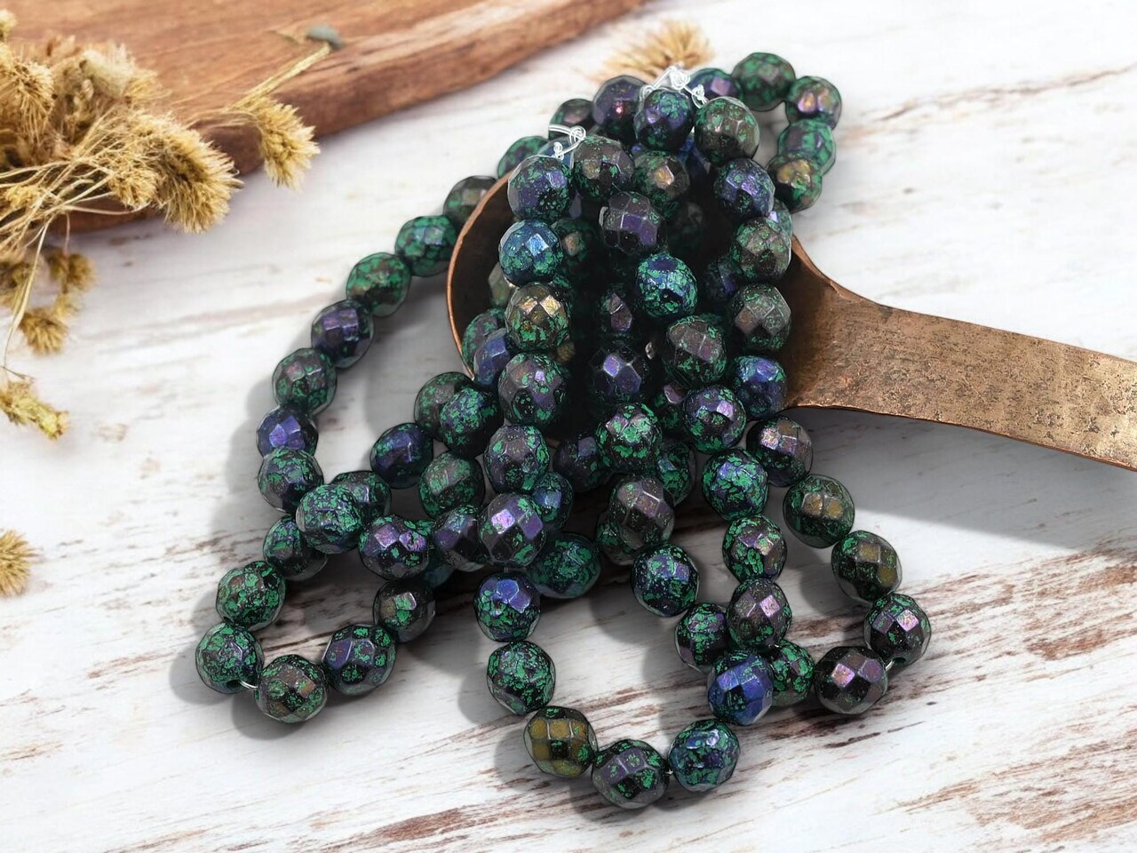 *20* 8mm Green Washed Black Rainbow Luster Fire Polished Round Beads